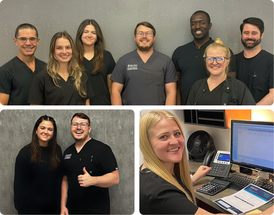 Orlando Spine Studio team of six healthcare professionals in black scrubs posing together; lower panels show two staff members and a receptionist at her desk