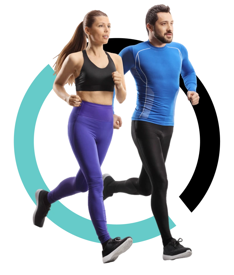 Woman and man jogging together in athletic wear with turquoise and black circular graphic element