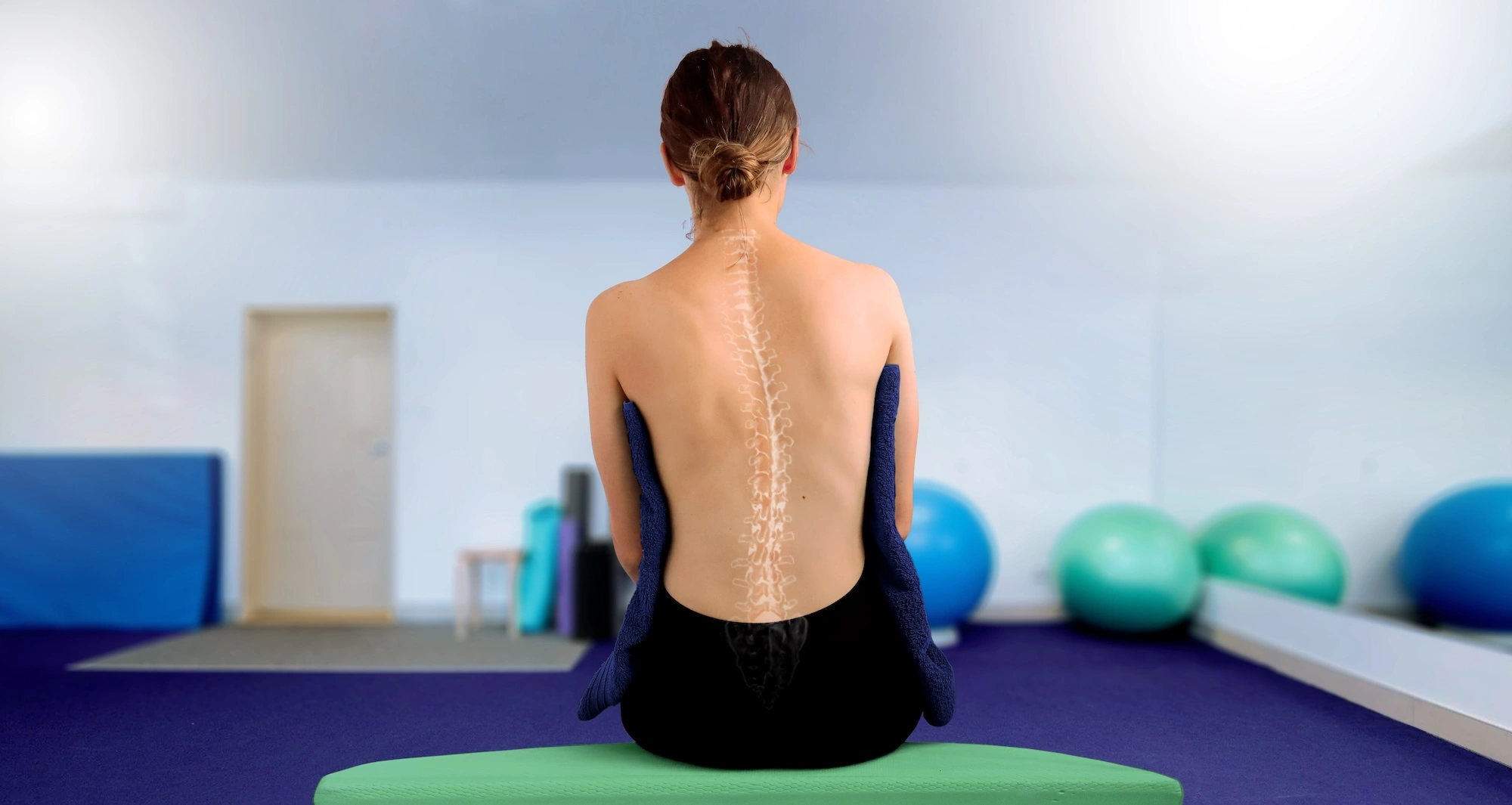 Back view of person sitting on exercise mat with spine overlay in clinical setting with exercise balls